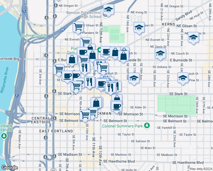 map of restaurants, bars, coffee shops, grocery stores, and more near 310 Southeast 12th Avenue in Portland