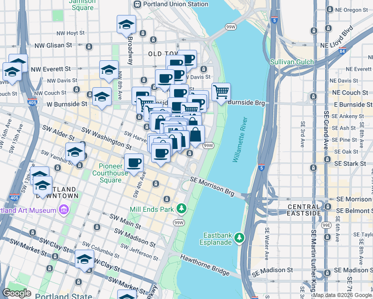 map of restaurants, bars, coffee shops, grocery stores, and more near in Portland