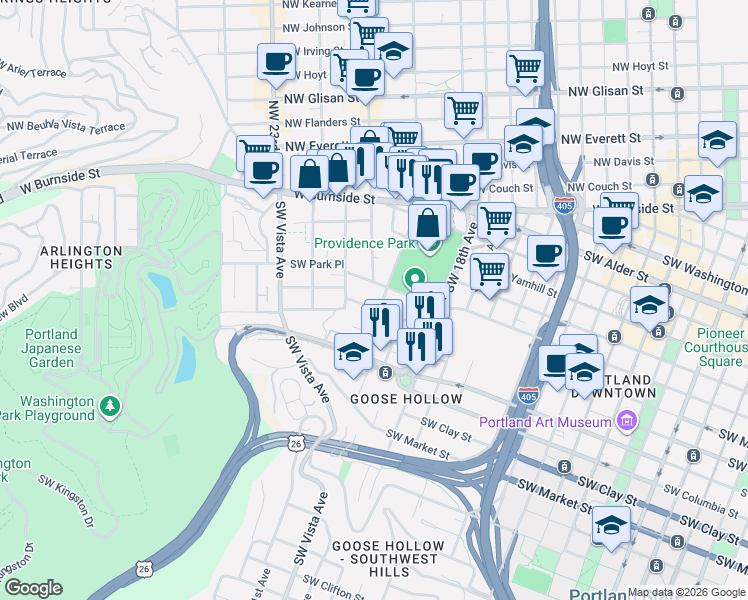 map of restaurants, bars, coffee shops, grocery stores, and more near 2020 Southwest Salmon Street in Portland