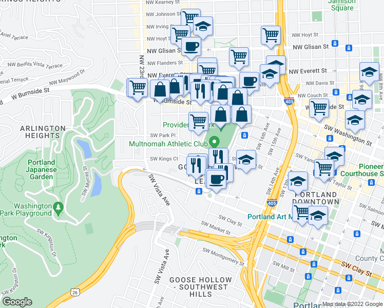 map of restaurants, bars, coffee shops, grocery stores, and more near 2020 Southwest Salmon Street in Portland