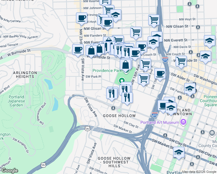 map of restaurants, bars, coffee shops, grocery stores, and more near 2020 Southwest Salmon Street in Portland