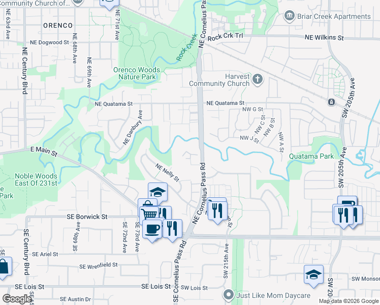 map of restaurants, bars, coffee shops, grocery stores, and more near 203 Northeast Cornelius Pass Road in Hillsboro