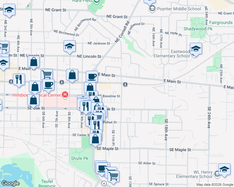 map of restaurants, bars, coffee shops, grocery stores, and more near 1133 Southeast Baseline Street in Hillsboro