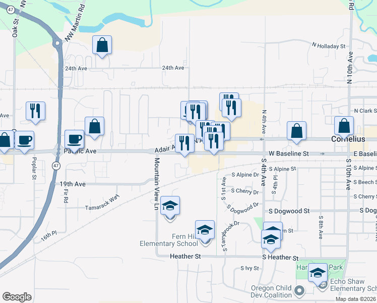 map of restaurants, bars, coffee shops, grocery stores, and more near 2001 Yew Street in Forest Grove