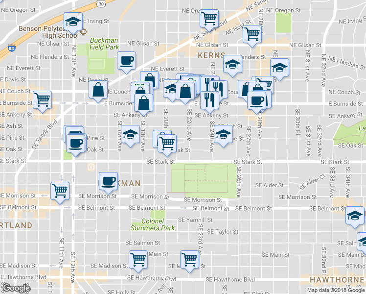 map of restaurants, bars, coffee shops, grocery stores, and more near 2125 Southeast Oak Street in Portland