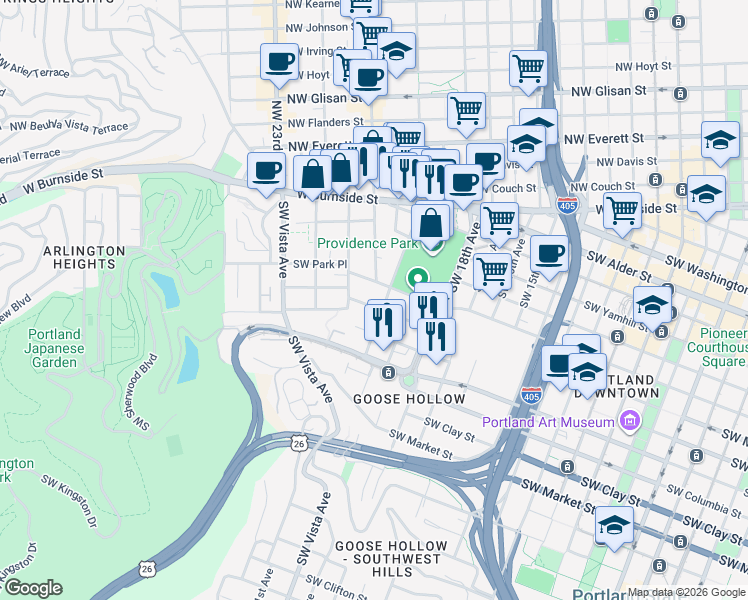 map of restaurants, bars, coffee shops, grocery stores, and more near 2020 Southwest Salmon Street in Portland