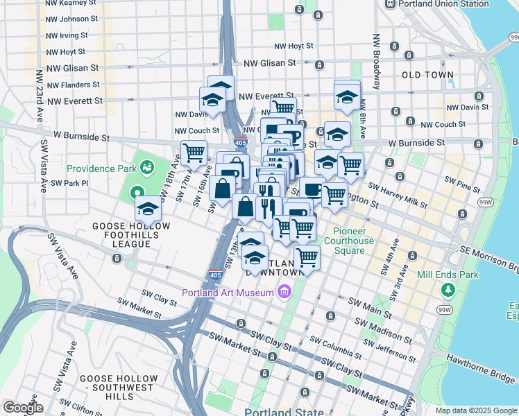 map of restaurants, bars, coffee shops, grocery stores, and more near in Portland