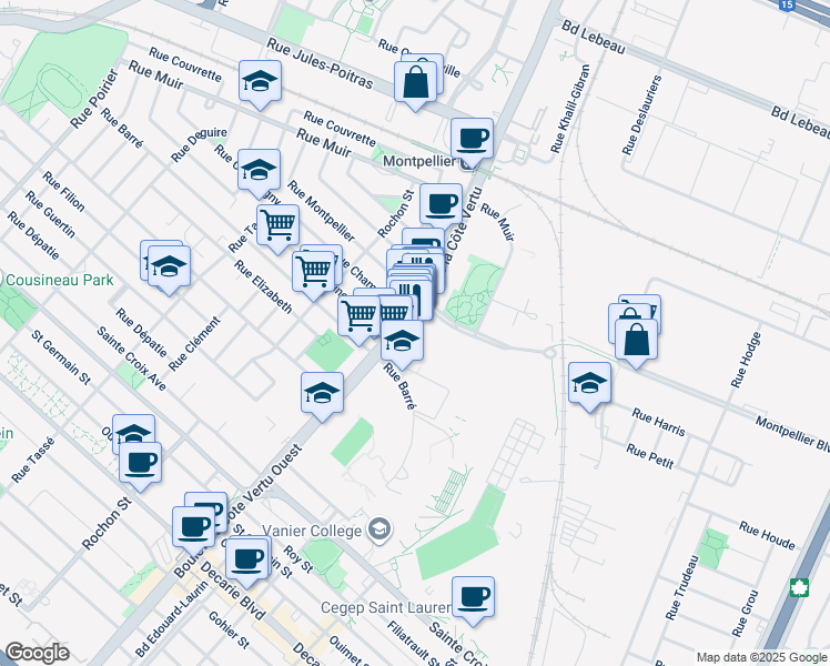 map of restaurants, bars, coffee shops, grocery stores, and more near in Montreal
