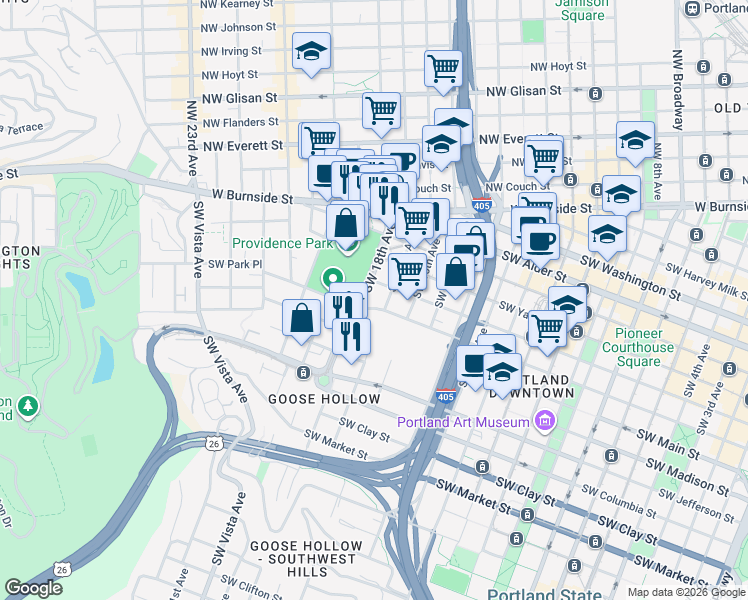 map of restaurants, bars, coffee shops, grocery stores, and more near in Portland