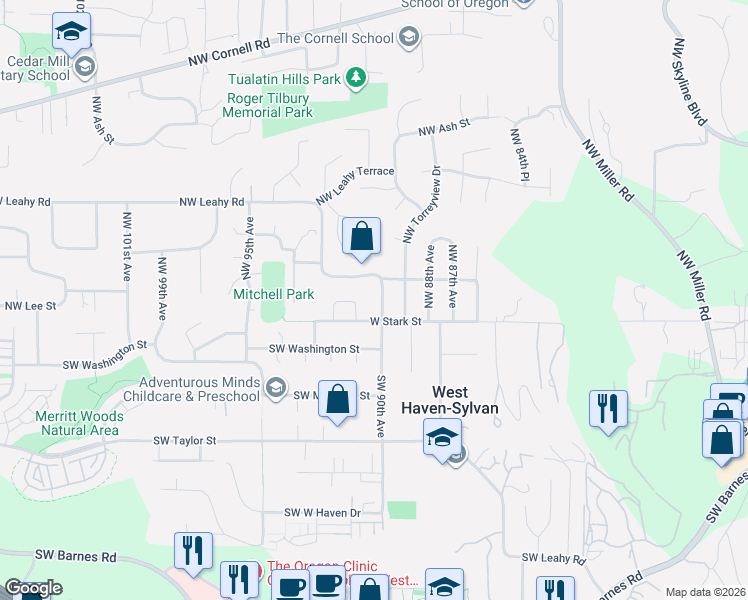 map of restaurants, bars, coffee shops, grocery stores, and more near 9155 Northwest Stark Court in Portland