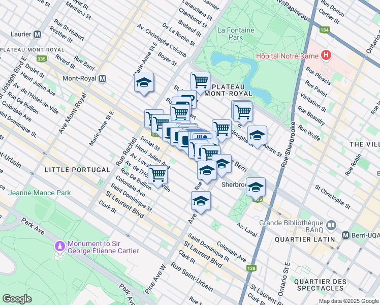 map of restaurants, bars, coffee shops, grocery stores, and more near 3917 Rue Saint-Denis in Montréal