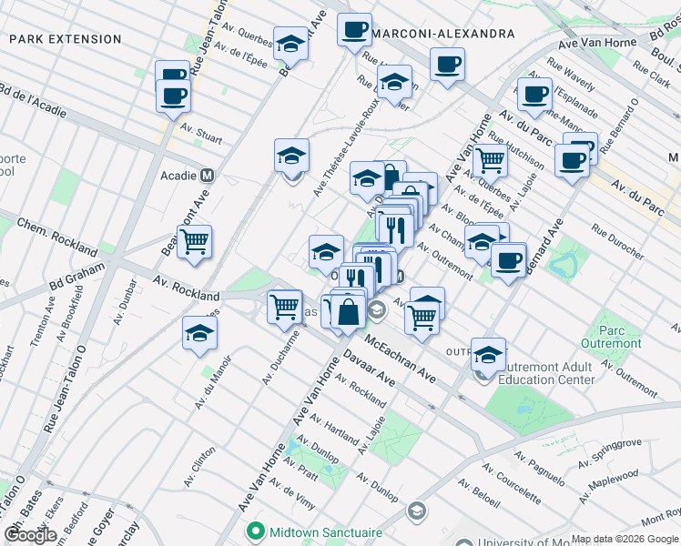 map of restaurants, bars, coffee shops, grocery stores, and more near 1466 Avenue Ducharme in Montrã©Al