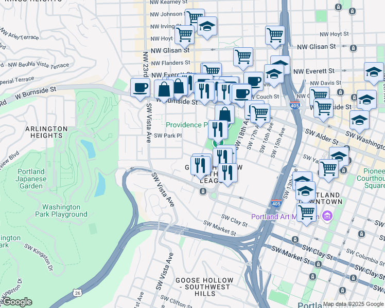 map of restaurants, bars, coffee shops, grocery stores, and more near 2021 Southwest Main Street in Portland