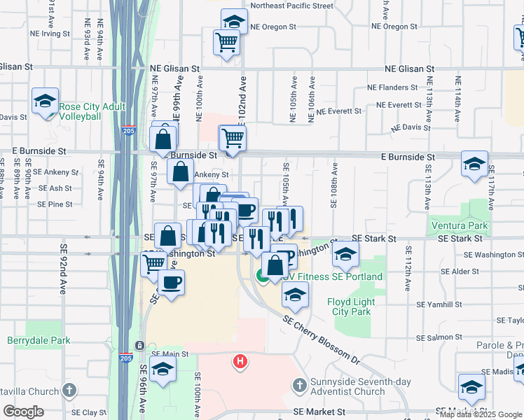 map of restaurants, bars, coffee shops, grocery stores, and more near 10239 Southeast Pine Street in Portland