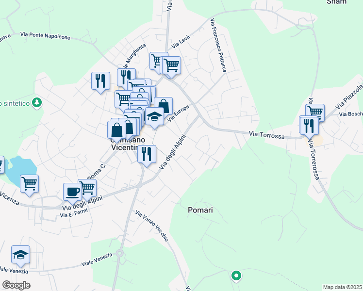 map of restaurants, bars, coffee shops, grocery stores, and more near 99 Via degli Alpini in Camisano Vicentino