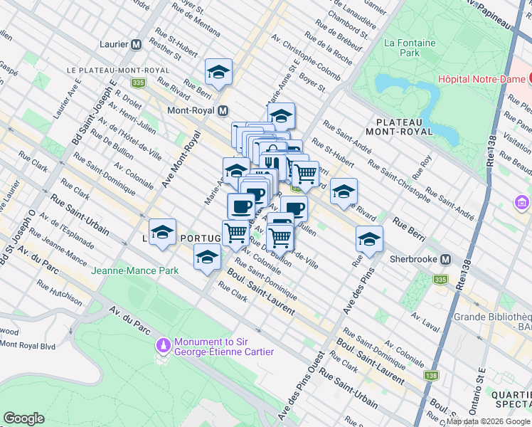 map of restaurants, bars, coffee shops, grocery stores, and more near 4173 Avenue Laval in Montréal