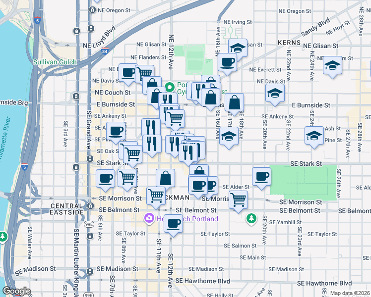 map of restaurants, bars, coffee shops, grocery stores, and more near 1324-1326 Southeast Pine Street in Portland
