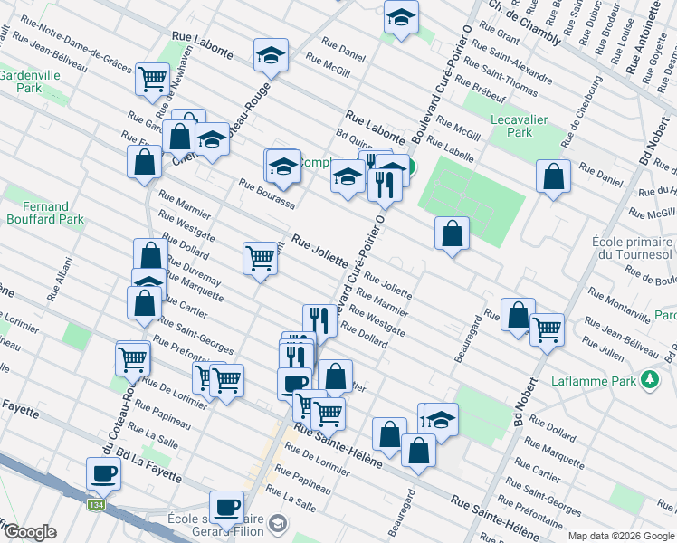 map of restaurants, bars, coffee shops, grocery stores, and more near 825 Boulevard Curé-Poirier Ouest in Longueuil