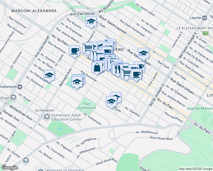 map of restaurants, bars, coffee shops, grocery stores, and more near 5397 Avenue Durocher in Montréal