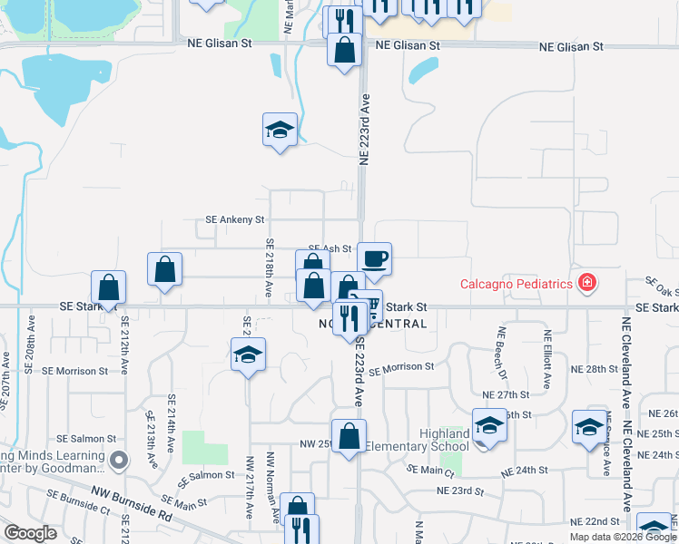 map of restaurants, bars, coffee shops, grocery stores, and more near 22043 Southeast Oak Street in Gresham
