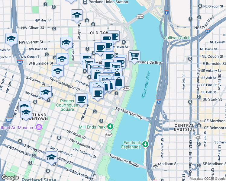 map of restaurants, bars, coffee shops, grocery stores, and more near 308 Southwest 2nd Avenue in Portland