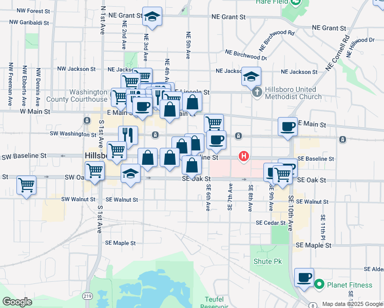 map of restaurants, bars, coffee shops, grocery stores, and more near in Hillsboro