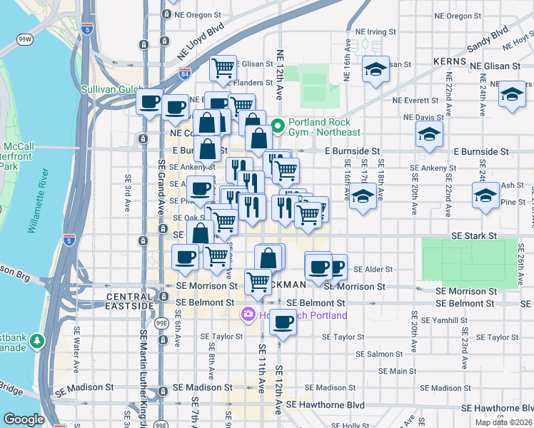map of restaurants, bars, coffee shops, grocery stores, and more near 380 Southeast 11th Avenue in Portland