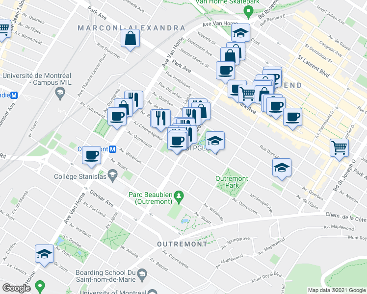map of restaurants, bars, coffee shops, grocery stores, and more near 1235 Bernard Avenue in Montrã©Al