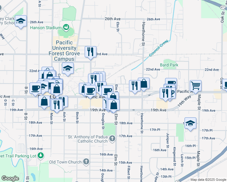 map of restaurants, bars, coffee shops, grocery stores, and more near 2030 Elm Street in Forest Grove