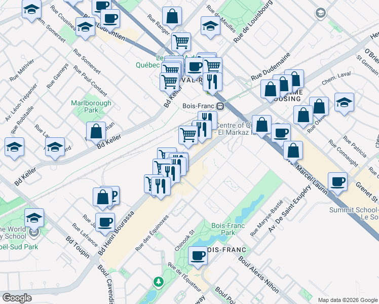 map of restaurants, bars, coffee shops, grocery stores, and more near 5375 Boulevard Henri Bourassa Ouest in Montréal