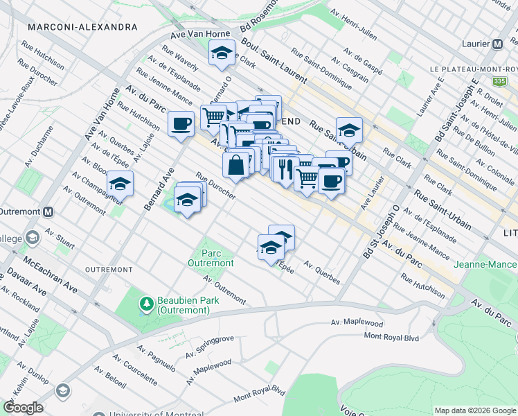 map of restaurants, bars, coffee shops, grocery stores, and more near 5397 Avenue Durocher in Montréal
