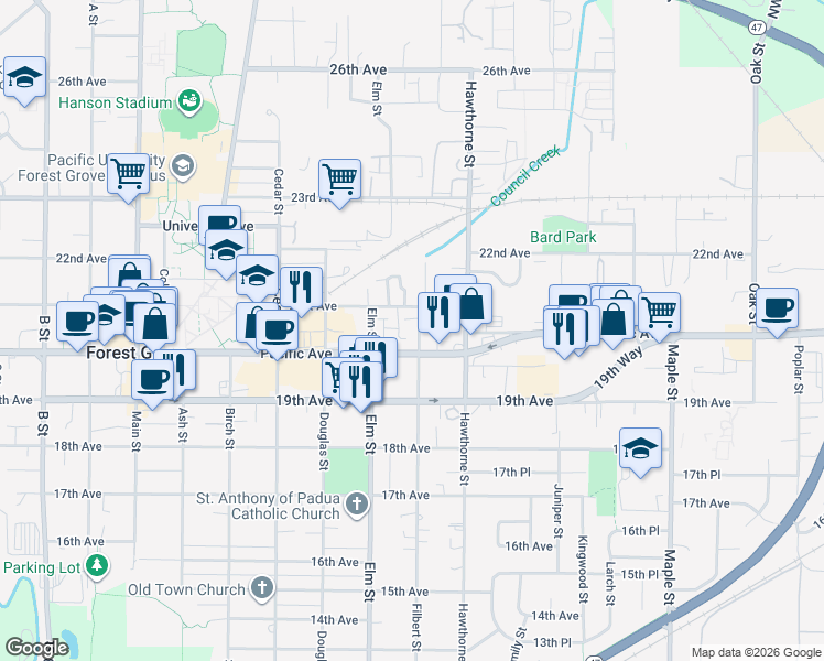 map of restaurants, bars, coffee shops, grocery stores, and more near 2022 Filbert Street in Forest Grove