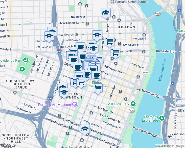 map of restaurants, bars, coffee shops, grocery stores, and more near SW Alder St & SW Park Ave in Portland