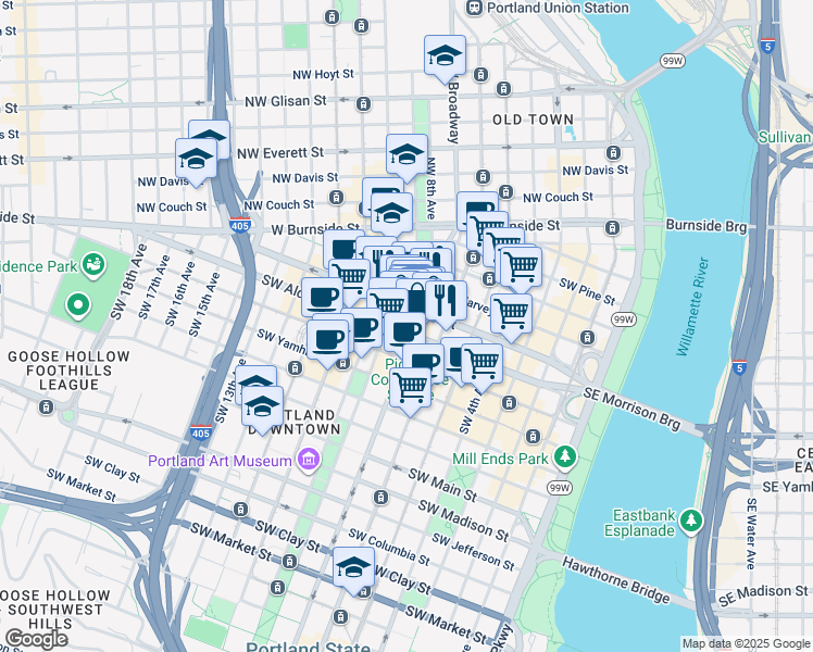 map of restaurants, bars, coffee shops, grocery stores, and more near 520 Southwest Broadway in Portland