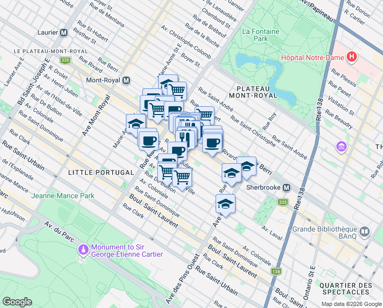 map of restaurants, bars, coffee shops, grocery stores, and more near 352 Avenue Duluth Est in Montréal