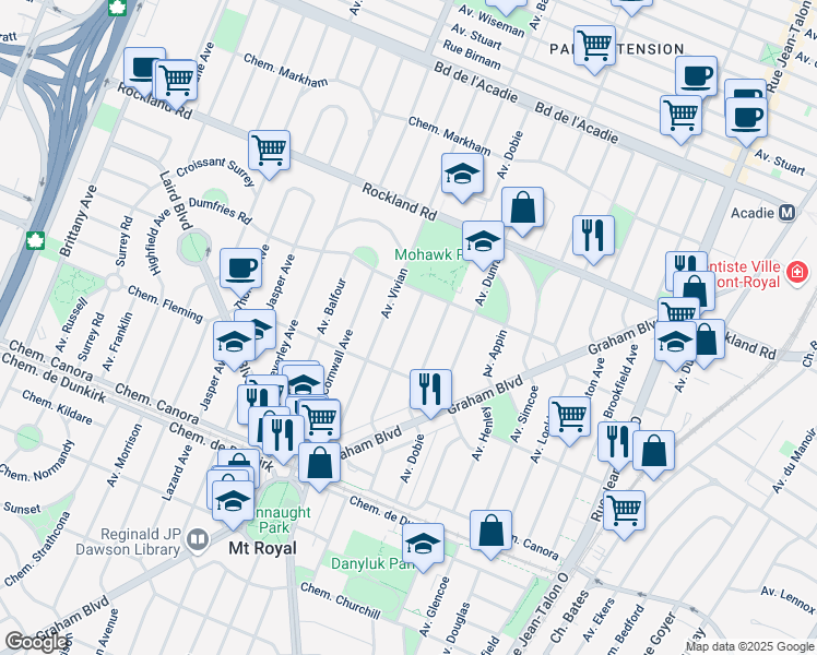 map of restaurants, bars, coffee shops, grocery stores, and more near 134 Avenue Wicksteed in Mount Royal