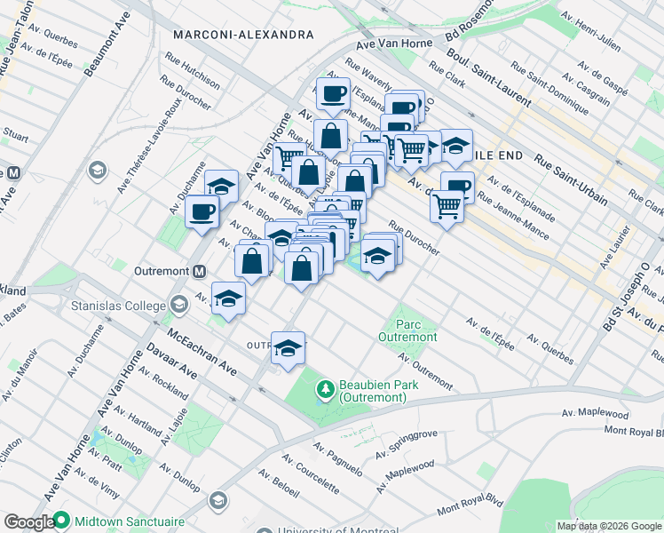 map of restaurants, bars, coffee shops, grocery stores, and more near 1230 Avenue Bernard in Montréal