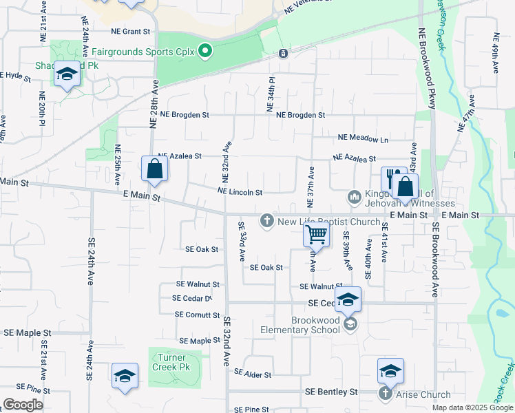 map of restaurants, bars, coffee shops, grocery stores, and more near 3382 Northeast Lincoln Street in Hillsboro