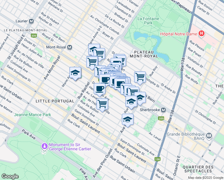 map of restaurants, bars, coffee shops, grocery stores, and more near in Montreal