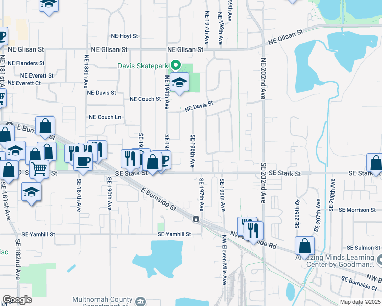 map of restaurants, bars, coffee shops, grocery stores, and more near 235 Southeast 196th Avenue in Portland