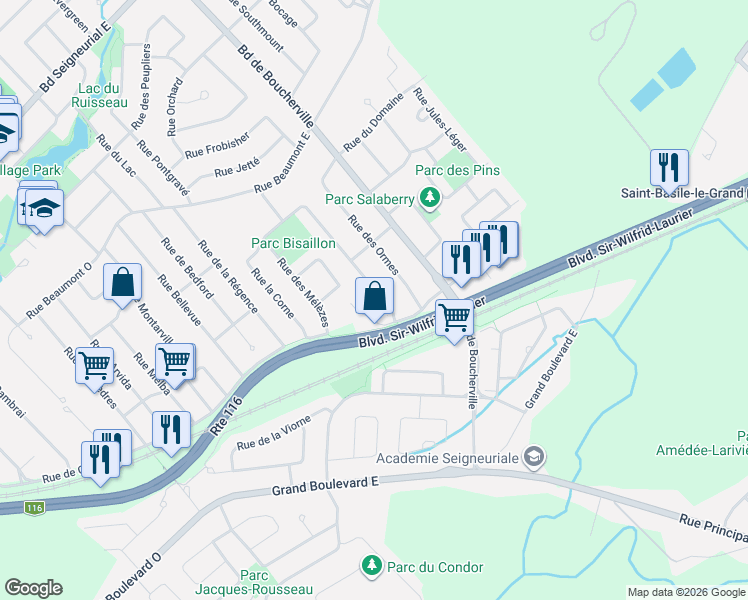 map of restaurants, bars, coffee shops, grocery stores, and more near 2093 Rue Colbert in Saint-Bruno-de-Montarville