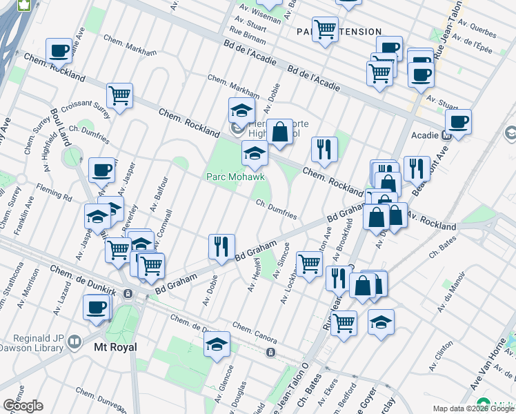 map of restaurants, bars, coffee shops, grocery stores, and more near 850 Chemin Dumfries in Mont-Royal
