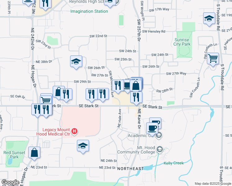 map of restaurants, bars, coffee shops, grocery stores, and more near 2935 Southwest Charity Court in Troutdale