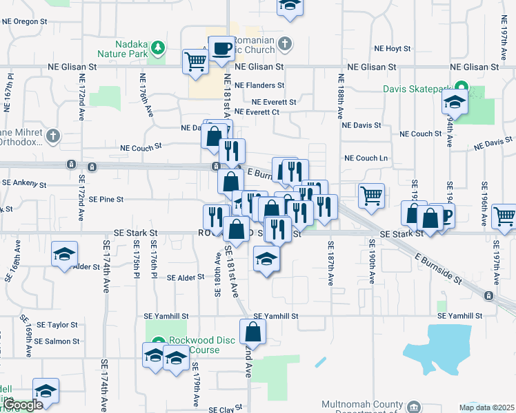 map of restaurants, bars, coffee shops, grocery stores, and more near 18244 Southeast Pine Street in Portland