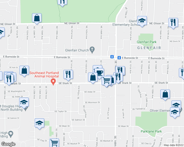 map of restaurants, bars, coffee shops, grocery stores, and more near 304 Southeast 143rd Avenue in Portland