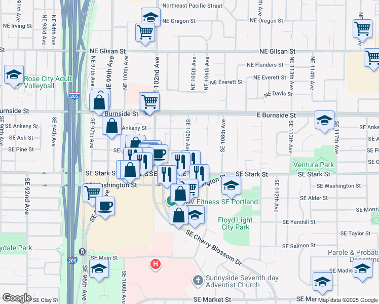 map of restaurants, bars, coffee shops, grocery stores, and more near 10421 Southeast Pine Street in Portland