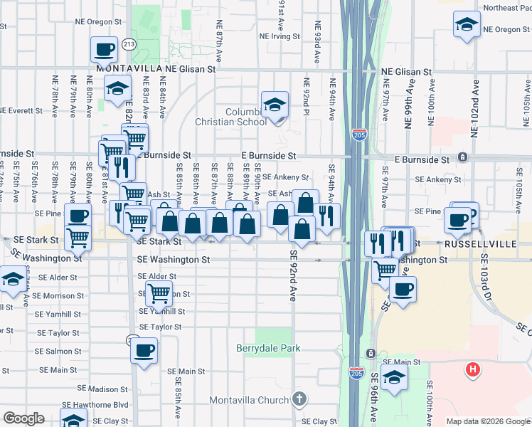 map of restaurants, bars, coffee shops, grocery stores, and more near 9015 Southeast Pine Street in Portland