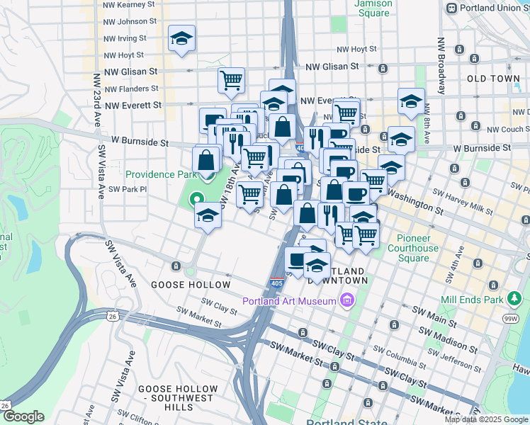 map of restaurants, bars, coffee shops, grocery stores, and more near 815 Southwest 15th Avenue in Portland