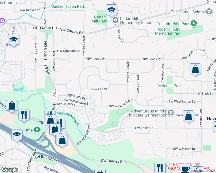 map of restaurants, bars, coffee shops, grocery stores, and more near 10350 Northwest Flotoma Drive in Portland