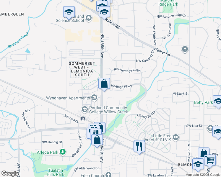 map of restaurants, bars, coffee shops, grocery stores, and more near 18400 Northwest Heritage Parkway in Beaverton